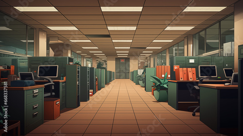 Down the row of a two-row cubicle farm with desks and dividers looking at an exit in the center earthy tones