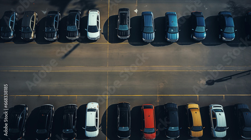 Overhead shot of cars in parking lot of different colors
