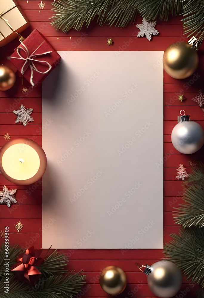 blank paper with Christmas theme from upper view to add writing on it in minimal style