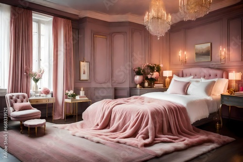 luxury hotel bedroom, A cozy pink and grey bedroom interior with a table, chair, and bed