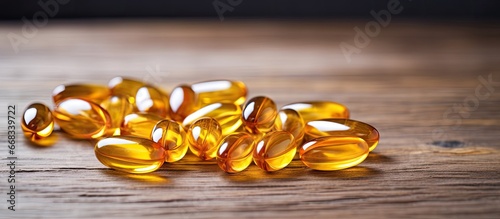 Omega 3 pills displayed on a wooden table