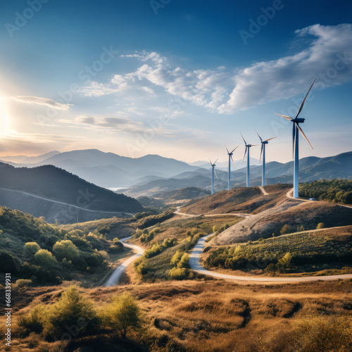 Beautiful hilly landscape with wind turbines generating electricity. Super realistic photo with high detail Renewable energy source. In concept of Earth hour.