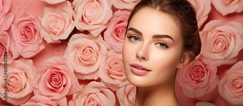 Closeup of a smiling woman with fresh clean skin surrounded by a rose background © 2rogan