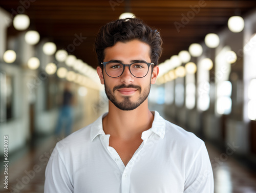 Joven latino con barba corta, vestido con una camisa blanca y gafas, sonriendo en un pasillo bien iluminado de un edificio moderno photo