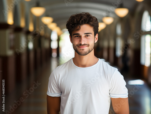 Joven latino con barba corta, vestido con una camisa blanca, sonriendo en un pasillo bien iluminado de un edificio moderno photo