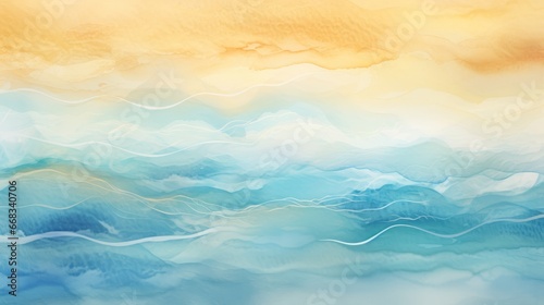 Ocean Blue Waves Watercolor: Sunny Beach Seascape with Teal and Golden Yellow Sky. Colorful Sunset, Water Waves, Wavy Texture Backdrop for Copy Space, Web, Mobile Banner