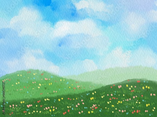 Landscape watercolor with paper texture background.
