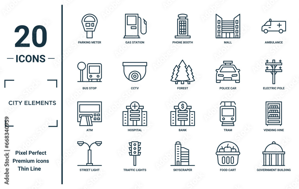 city elements linear icon set. includes thin line parking meter, bus ...