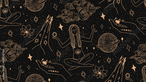 pattern, yoga, woman, lotus, chakras, zen, alchemy, astrological, background, balance, black, botany, chakra, conjure, element, energy, esoteric, girl, heavenly, hinduism, illustration, india, line, m