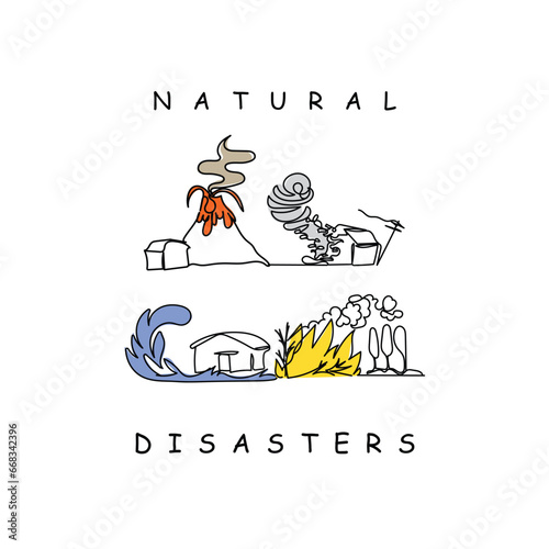 International day of Disaster Risk Reduction line art vector graphic. Natural hazards like volcano, floods, tornado and fire. Deadly events. Impact of disasters and their management continuous lineart