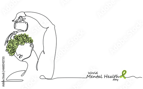 World mental health day october 10 line art. Mental health matters. Psychology concept art. Care and awareness of psychological disorders. Trauma Healing. PTSD treatment. Handle with care. Brain green