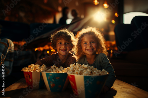 little children siblings watching movies at home, sitting on the couch eating popcorn, home theater