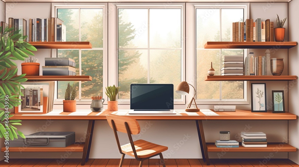  illustration of a modern home office interior with windows built-in wooden shelves and a laptop placed on a desk 