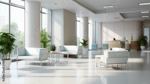 Lobby interior of waiting area in modern hospital or medical facility medicine