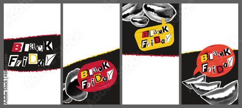 Black Friday banners set in halftone collage trendy style. Torn paper, shouting and smiling female mouths, lips, speech bubbles. Poster, stories templates, modern retro vector illustration