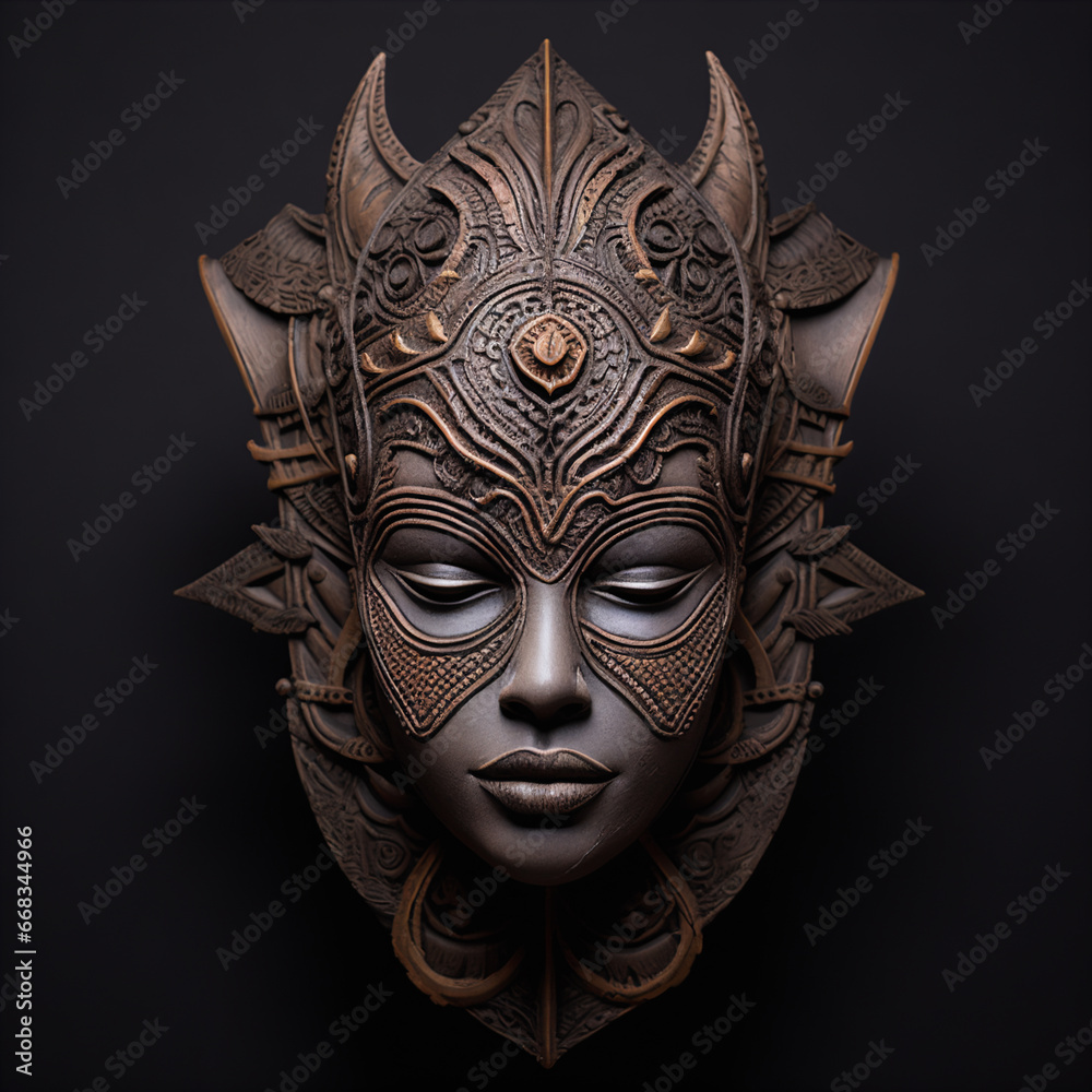 Exquisite Tribal Woman: Aged Clay Mask with Weathered Texture Detail
