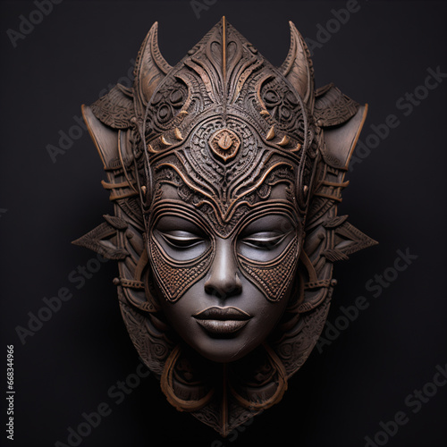 Exquisite Tribal Woman: Aged Clay Mask with Weathered Texture Detail © HustlePlayground