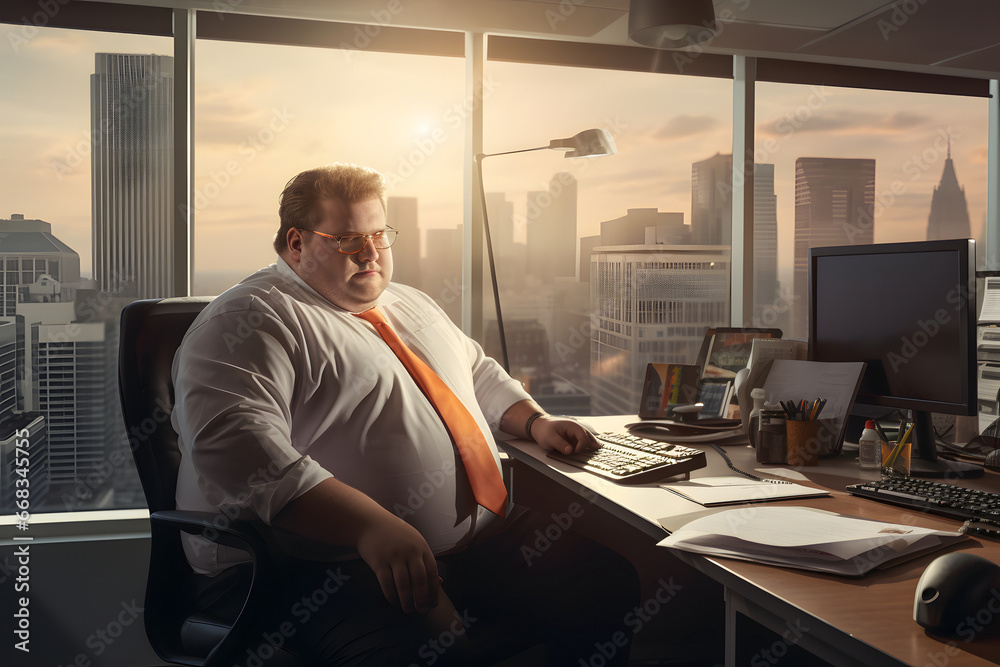 Plus-size CEO man sitting at his work place. Neural network generated photorealistic image. Not based on any actual person or scene.