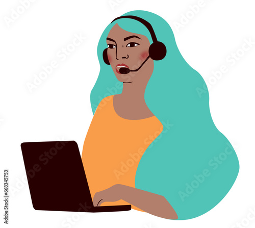 Mujer hablando por auriculares con un portatil abierto. Concepto de atención a cliente, mujer en oficina, mujer de negocios o jugadora online
