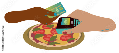 Pago con tarjeta contactless de comida. Pago mediante tarjeta de credito de pizza. Mano con datafono y mano con tarjeta