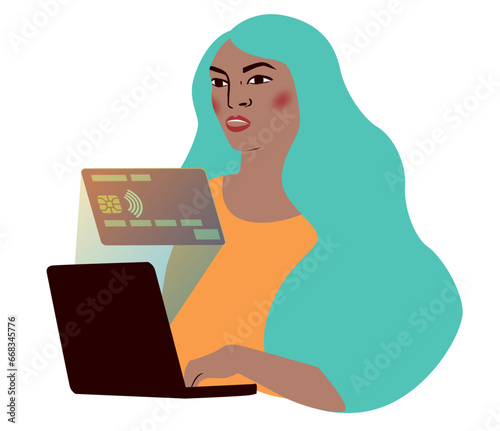 Mujer pagando con tarjeta online. Pago con tarjeta de credito en ordenador