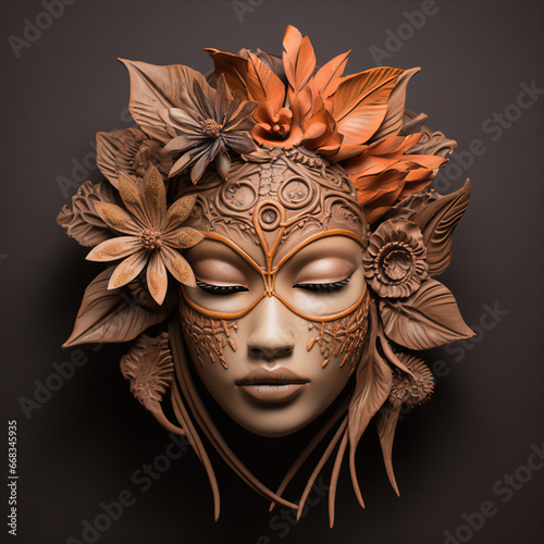 Aged Tribal Clay Mask: Meticulously Crafted Flower Design with Weathered Texture Details