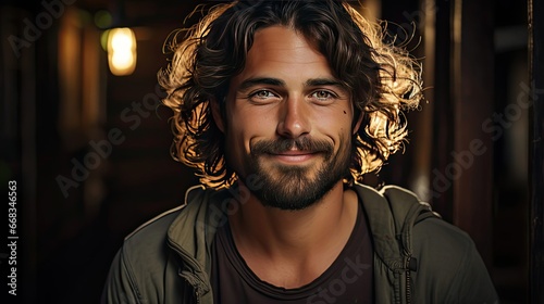 Portrait Of Young Handsome Man Smiling Outdoor. Man face portrait illustration. Generative AI