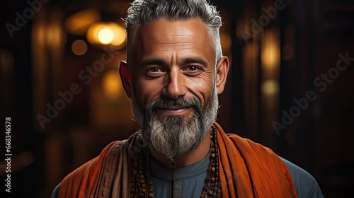 Portrait of a happy middle aged man of Indian ethnicity. Man face portrait illustration. Generative AI