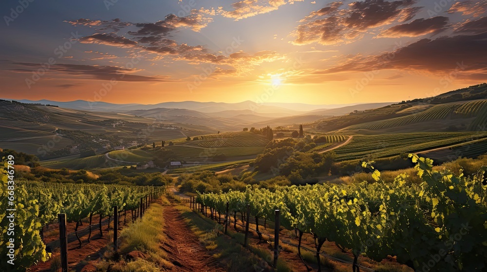A beautiful sunset over a vineyard. Agriculture environment illustration. Generative AI