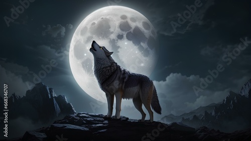 Lone Wolf Standing on a Cliff Howling on a Full Moon 
