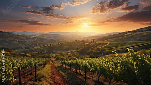 A beautiful sunset over a vineyard. Agriculture environment illustration. Generative AI