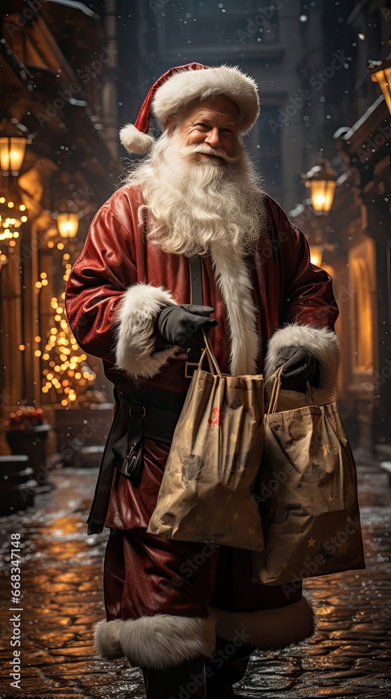 Rear view of santa claus holding paper bags. Cool Christmas concept. Generative AI