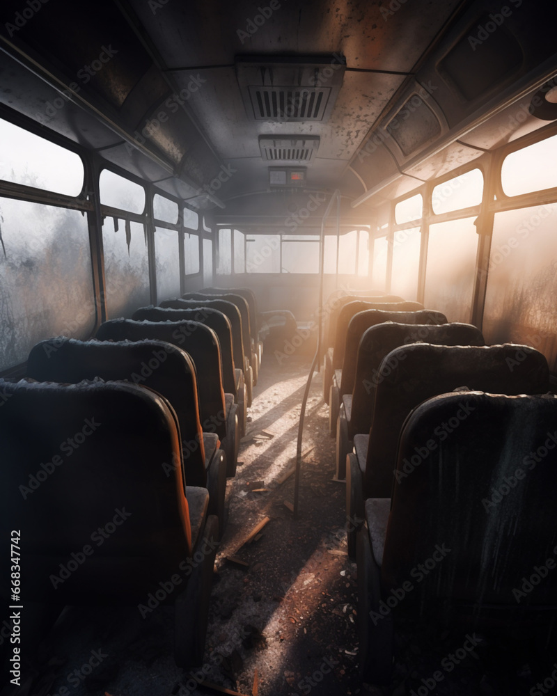destroyed interior of a bus