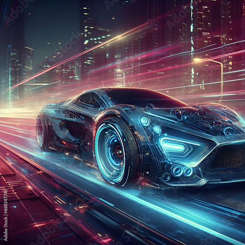 futuristic fast moving car on highway generative ai