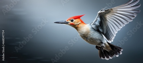 Winter portrait of Red bellied Woodpecker on gray background photo