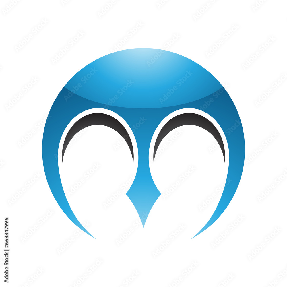 Blue and Black Glossy Round Letter M Icon with Pointy Tips