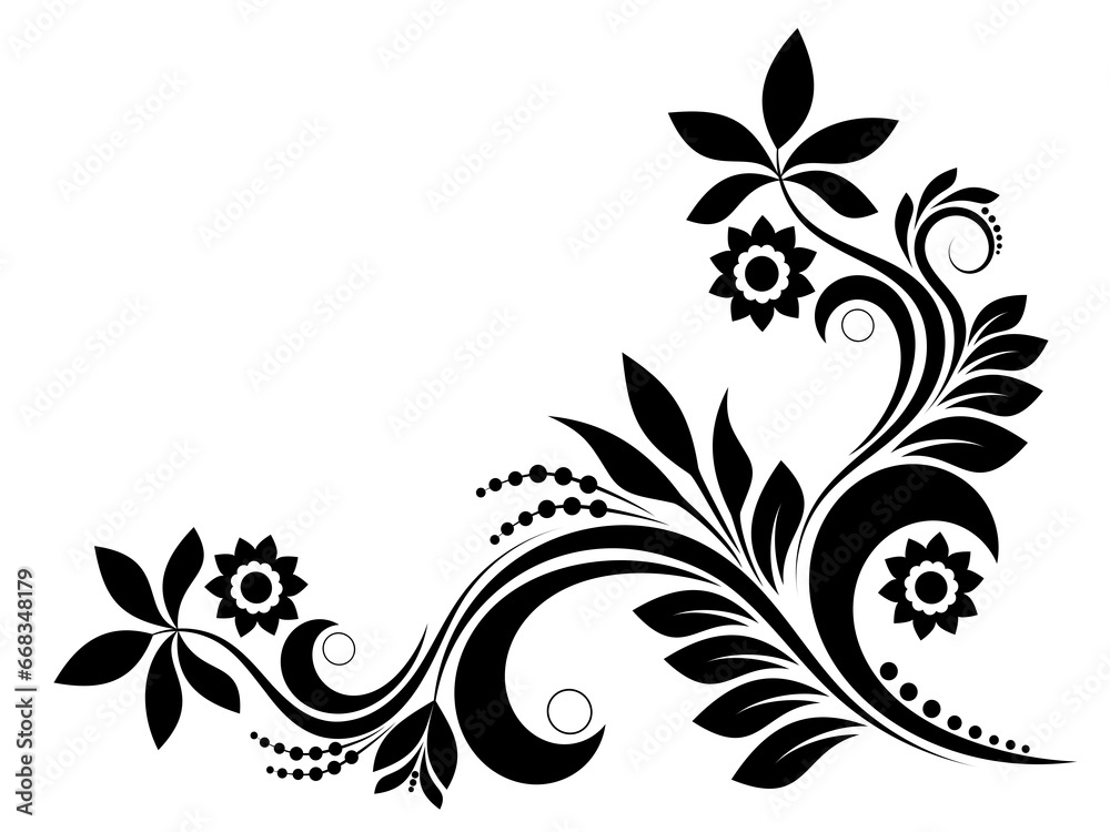 Corner black and white pattern with swirls, flowers, leaves and dots. Floral design element. Angular vortex monogram. Floral black and white decorative ornament on a white isolated background.