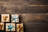 Christmas gifts on a rustic wood background with copyspace, top down view, flat, sales shopping offer. Generative AI