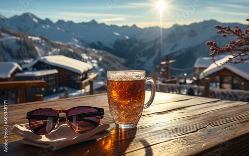 napój, okulary na stoliku na tle panoramy górskie w słoneczny dzień  photo