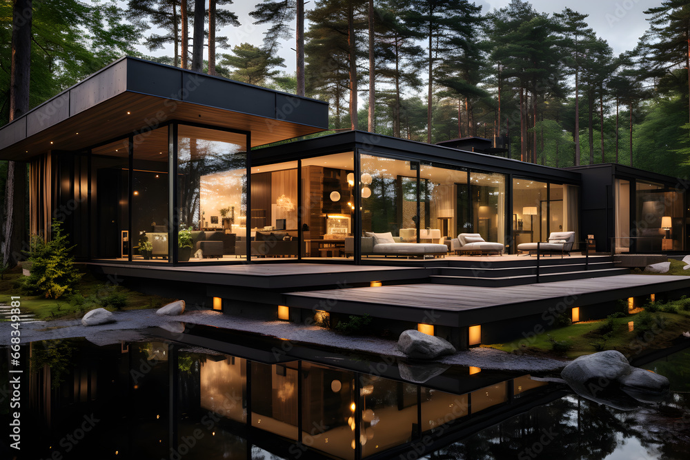 luxury modern villa with black facade surrounded by forest. Generative AI