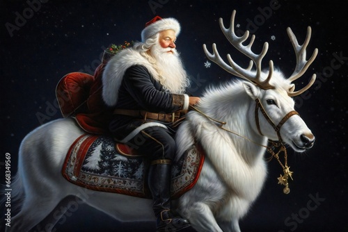 Santa Claus dressed in a red uniform rides on the back of a white reindeer. Christmas theme. Christmas 2023. Xmas Illustration. Digital painting. Generative AI. 