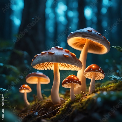 Image of glowing mushrooms in forest at twilight.