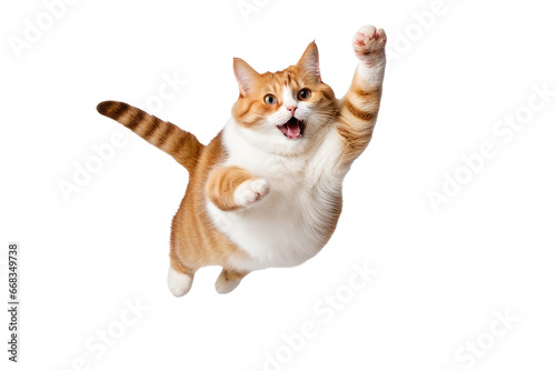 a quality stock photograph of a single fat happy cat jumping in the air isolated on a white background