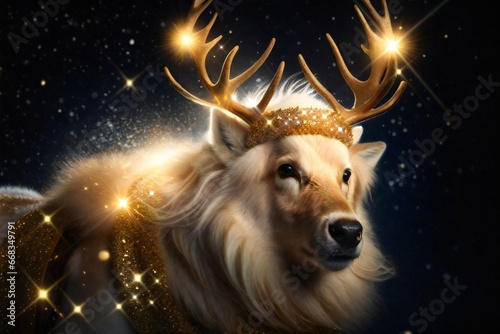 Golden Labrador dressed as a Christmas Reindeer with horns on his head decorated with Christmas lights. Christmas theme. Christmas 2023. Xmas Illustration. Digital painting. Generative AI.   © stockcrafter