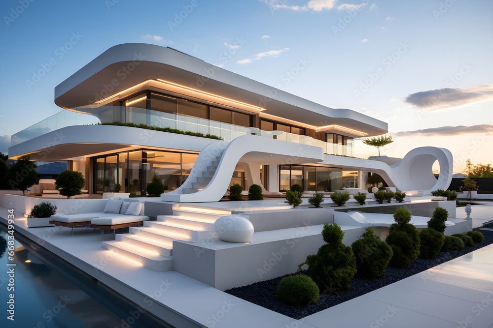 modern villa with white facade and modern elements. Modern Building and Architecture. Generative AI modern villa with white facade and modern elements. Modern Building and Architecture. Generative AI