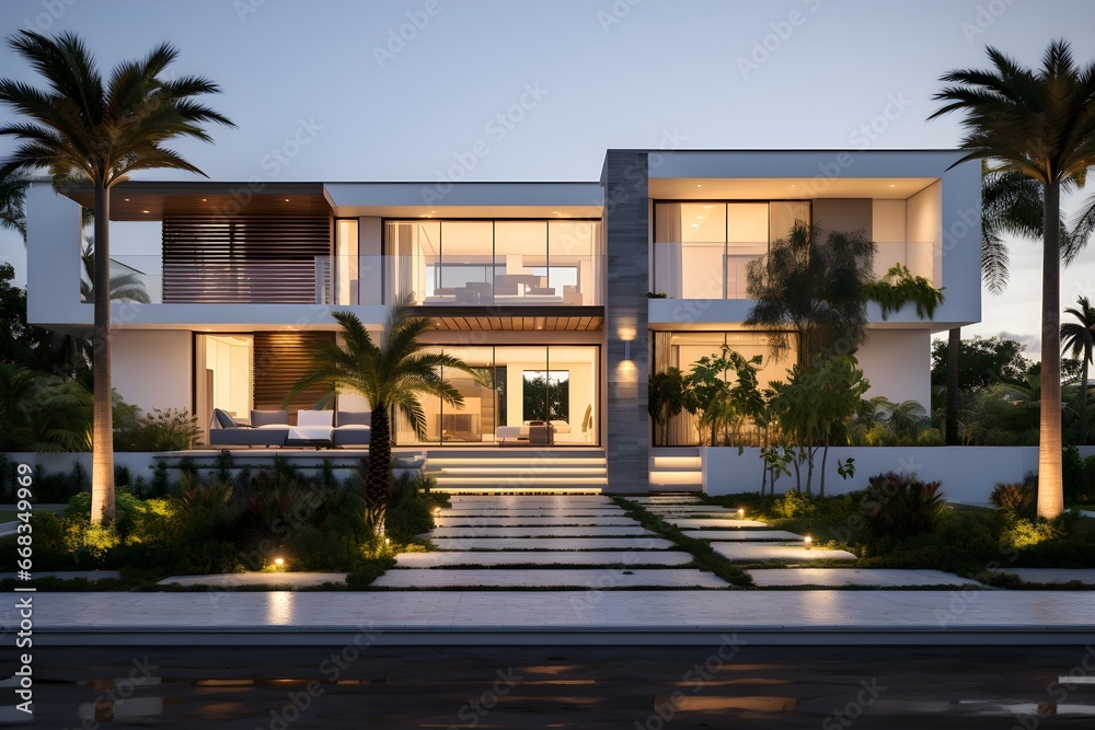 modern villa with white facade and modern elements. Modern Building and Architecture. Generative AI