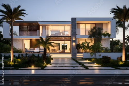 modern villa with white facade and modern elements. Modern Building and Architecture. Generative AI © PSCL RDL