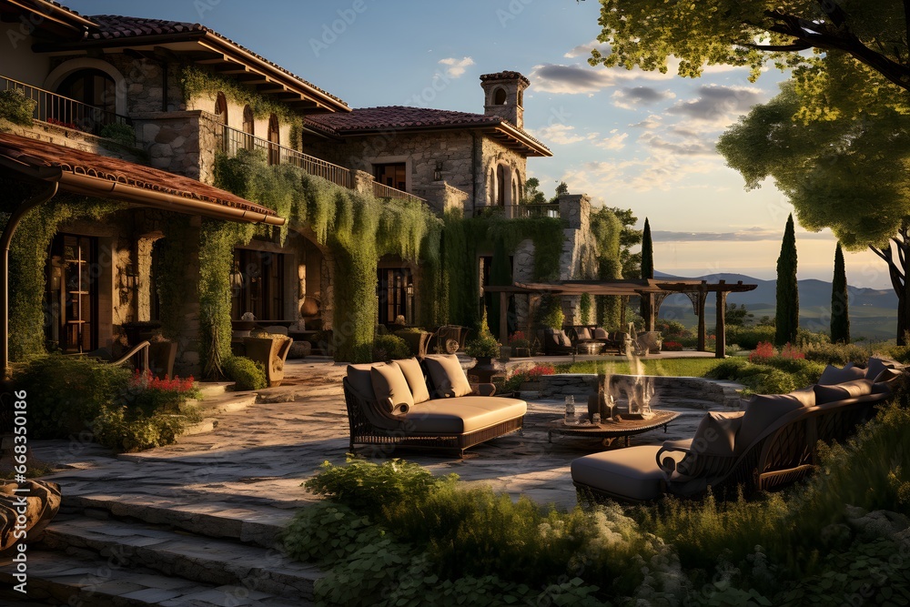 luxury tuscan style villa with great view. Sunset light in the background. Harmonic feeling. Generative AI - obrazy, fototapety, plakaty 