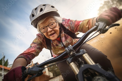 Asian Female Elderly Stunt Cyclist Thrilling Setting Generative AI