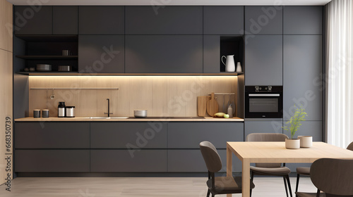 Fototapeta Naklejka Na Ścianę i Meble -  3d rendering of a contemporary dark grey kitchen with white wooden backsplash, a table, with chairs